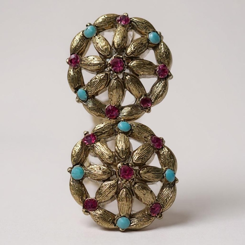 Vintage-Inspired Gold clip on Earrings with Turquoise and Pink Accents. 1960
